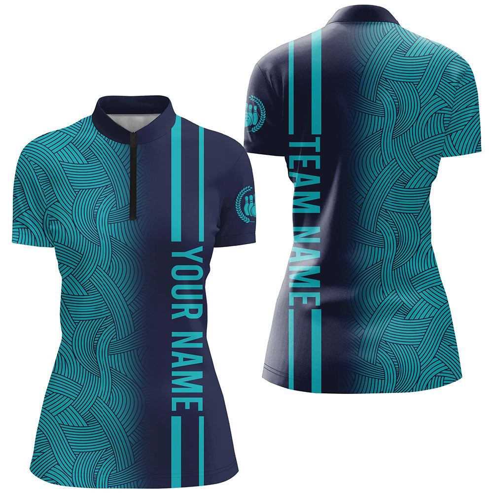Custom Navy Bowling Shirts & Turquoise Bowling Jersey Team Bowling 1/4 Zip