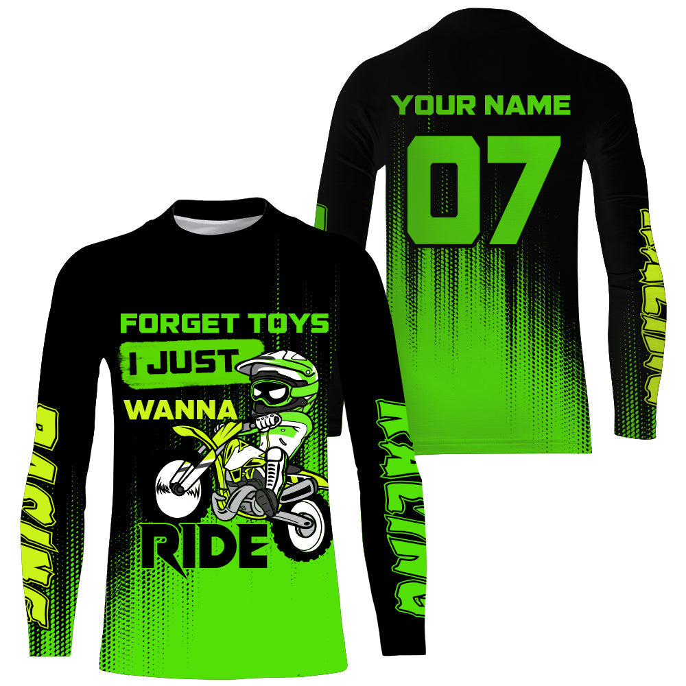 Motocross Jersey + Custom Green Dirt Bike Shirt For Boy Girl Forget Toys Just Wanna Ride