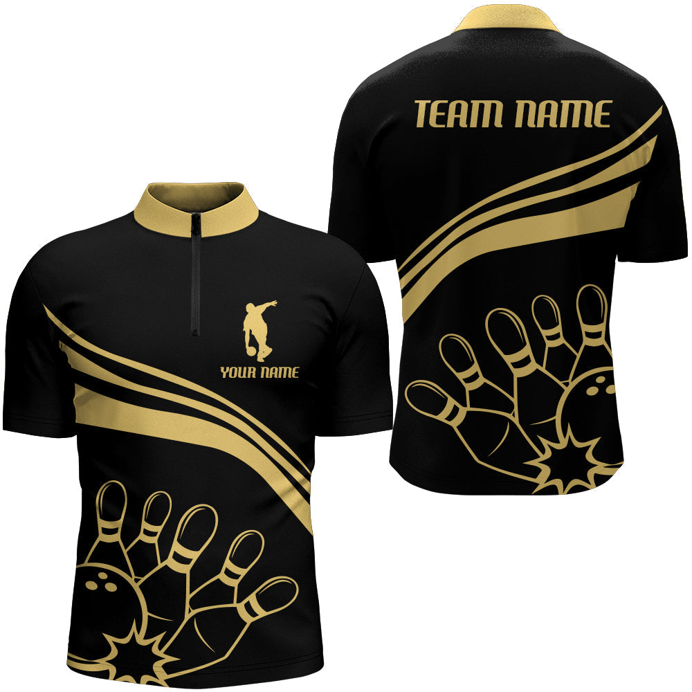 Black&Gold Bowling Quarter-Zip Shirt Custom Bowling Jersey Vintage Bowling Team League Shirt