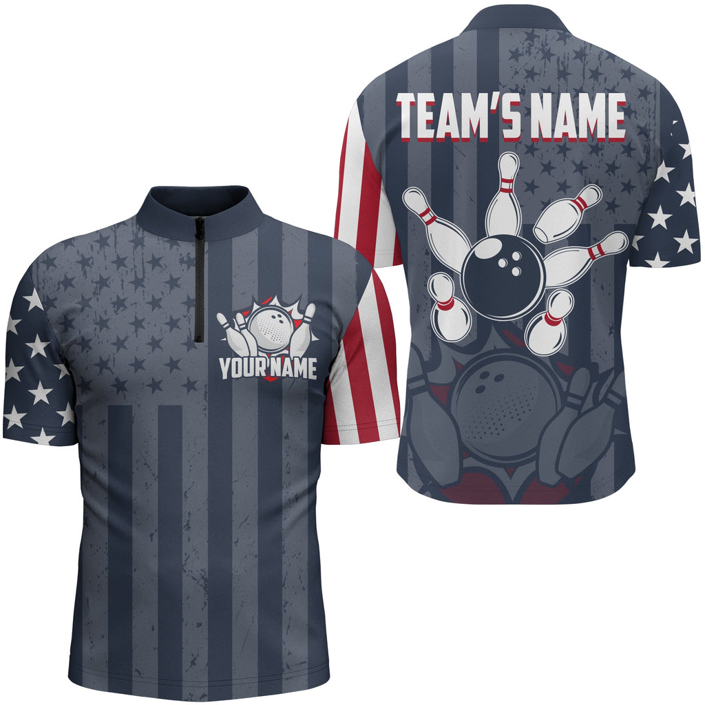 Custom Bowling Quarter Zip Shirt USA Flag Bowling Jersey 1/4 Zip Bowling Team Shirt