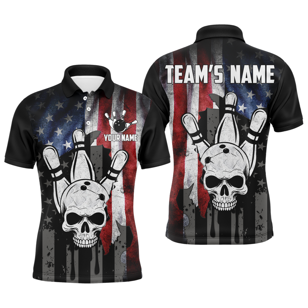 Personalized Skull Bowling Shirt, Custom Team's Name American Flag Cool Bowler Jersey