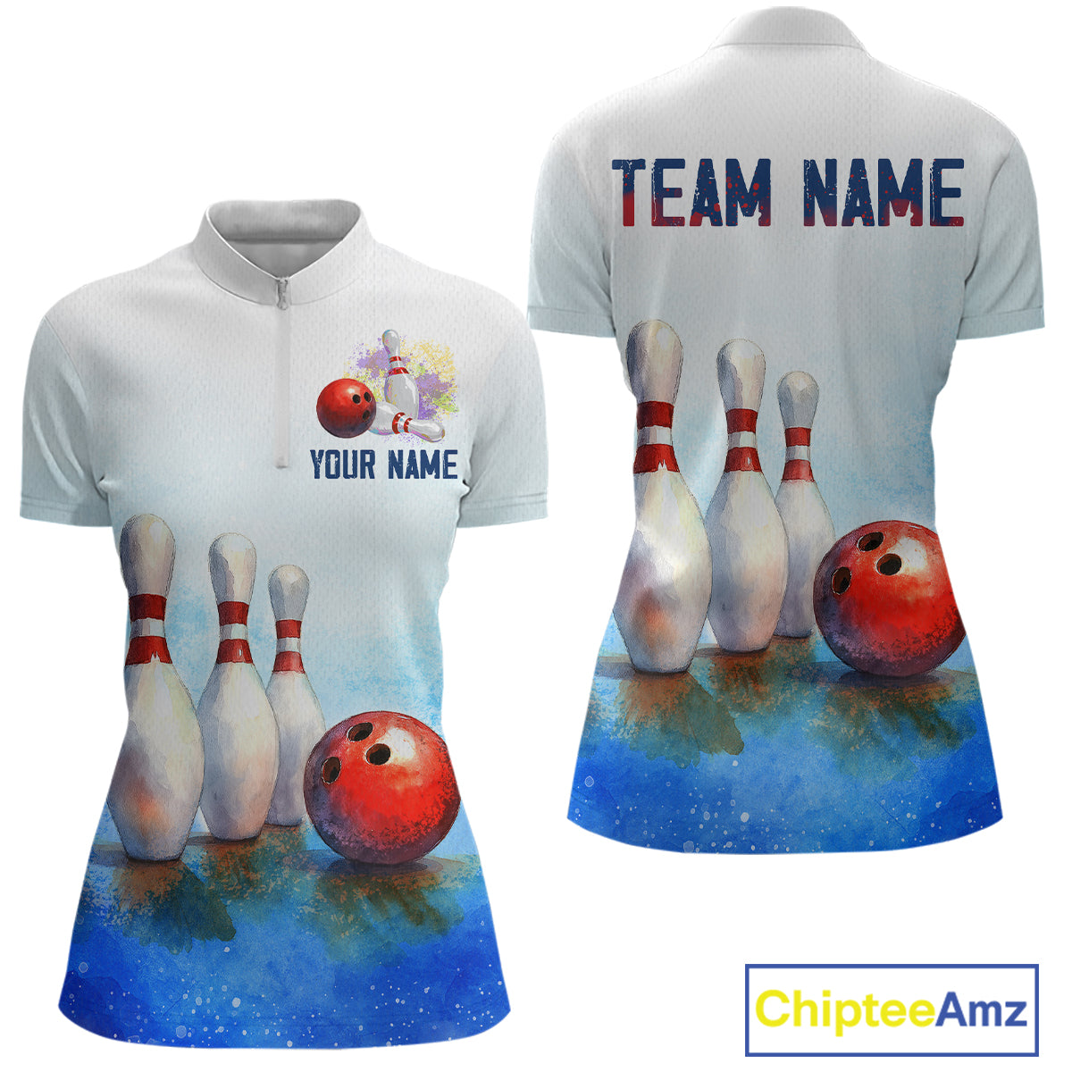 Watercolor Blue Bowling Shirts Team Bowling Jersey for Bowlers