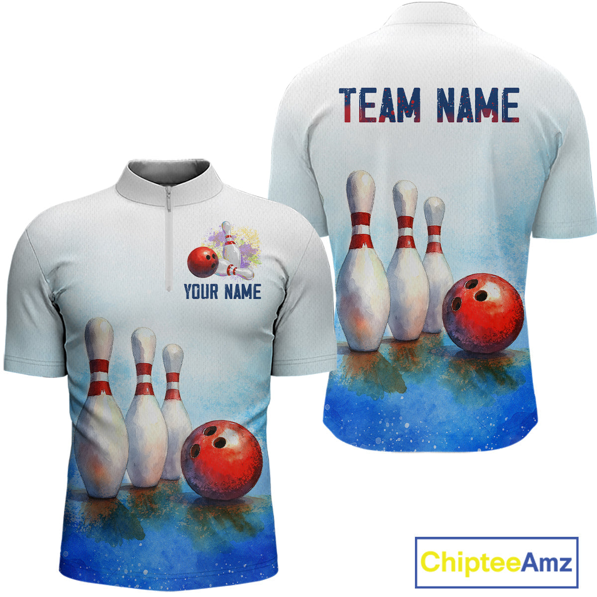Watercolor Blue Bowling Shirts Team Bowling Jersey for Bowlers