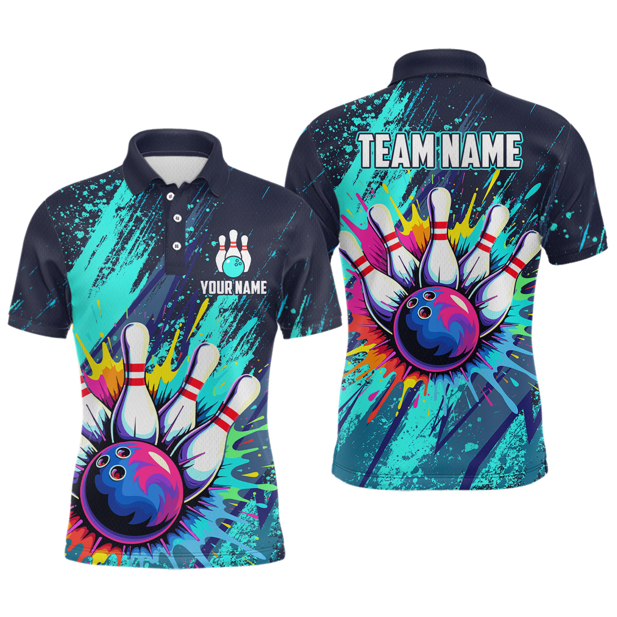 Custom Teal Bowling Shirt Bowling Water Color Bowling Polo & 1/4 Zip Shirts