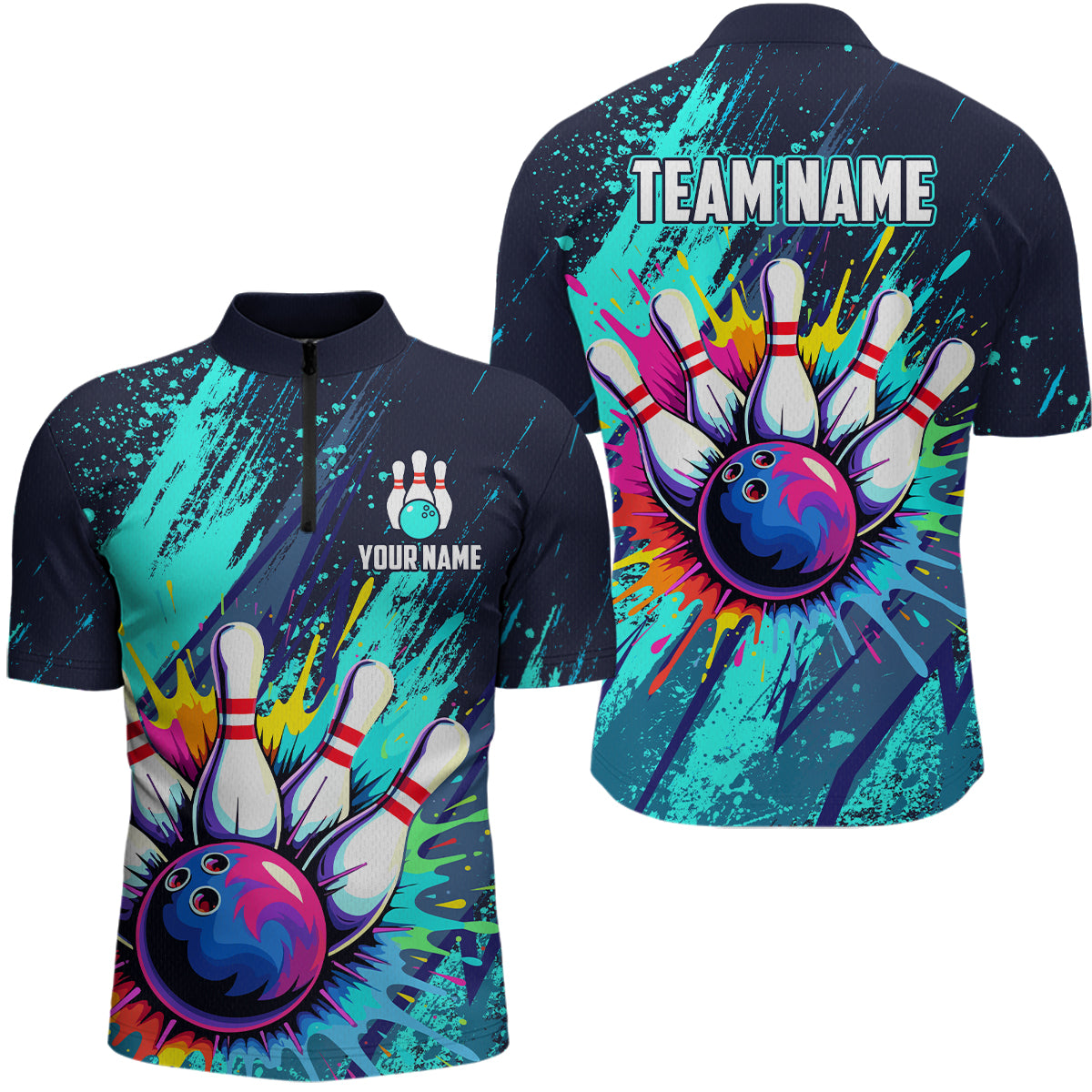 Custom Teal Bowling Shirt Bowling Water Color Bowling Polo & 1/4 Zip Shirts