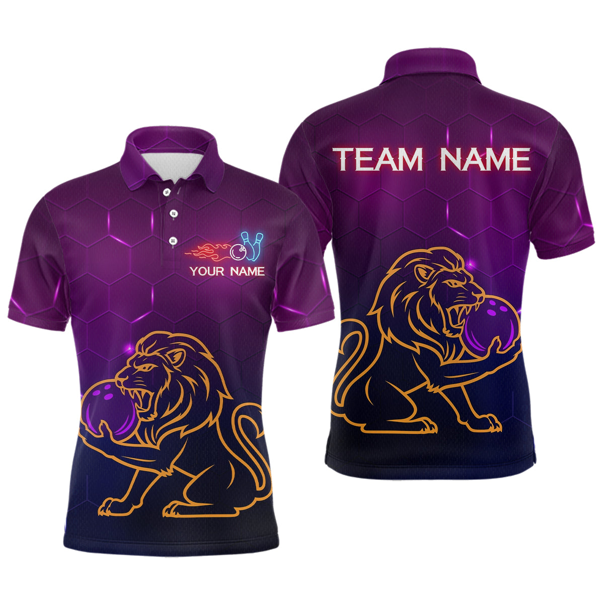Neon Purple Lion Bowling Shirts Team Bowling Jerseys Polo and Zip Shirt