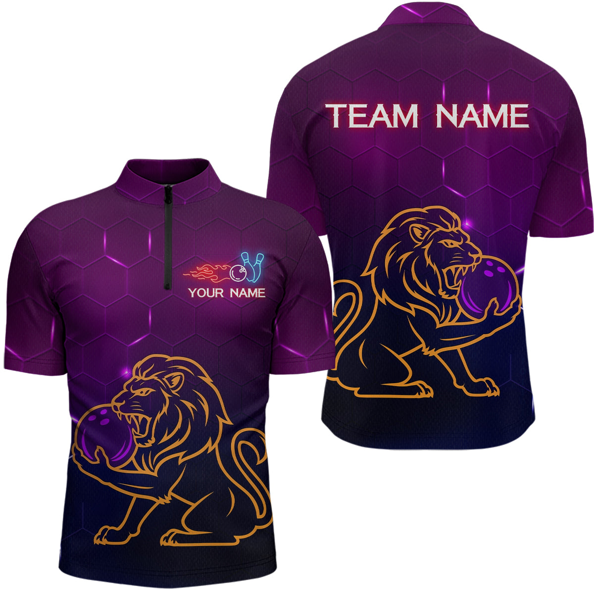 Neon Purple Lion Bowling Shirts Team Bowling Jerseys Polo and Zip Shirt