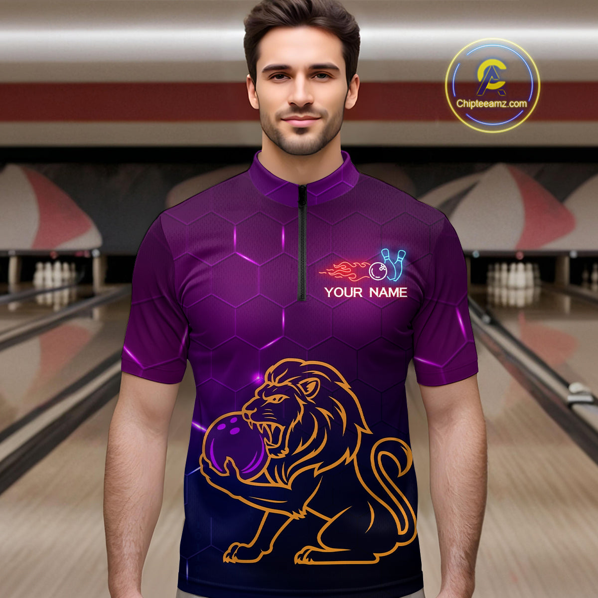 Neon Purple Lion Bowling Shirts Team Bowling Jerseys Polo and Zip Shirt
