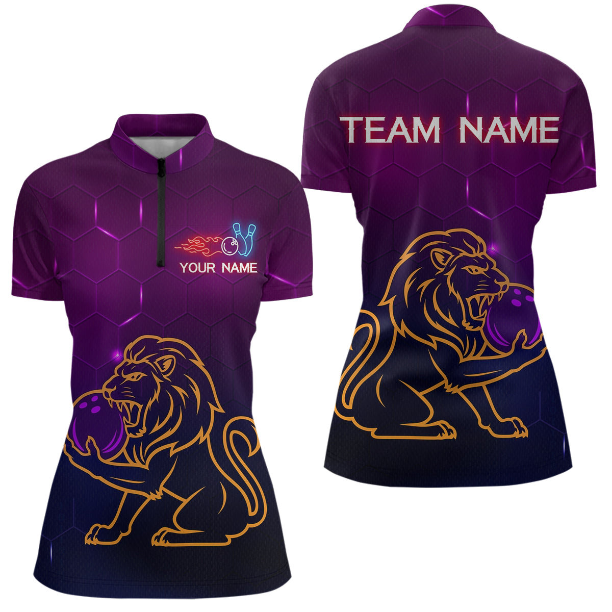 Neon Purple Lion Bowling Shirts Team Bowling Jerseys Polo and Zip Shirt