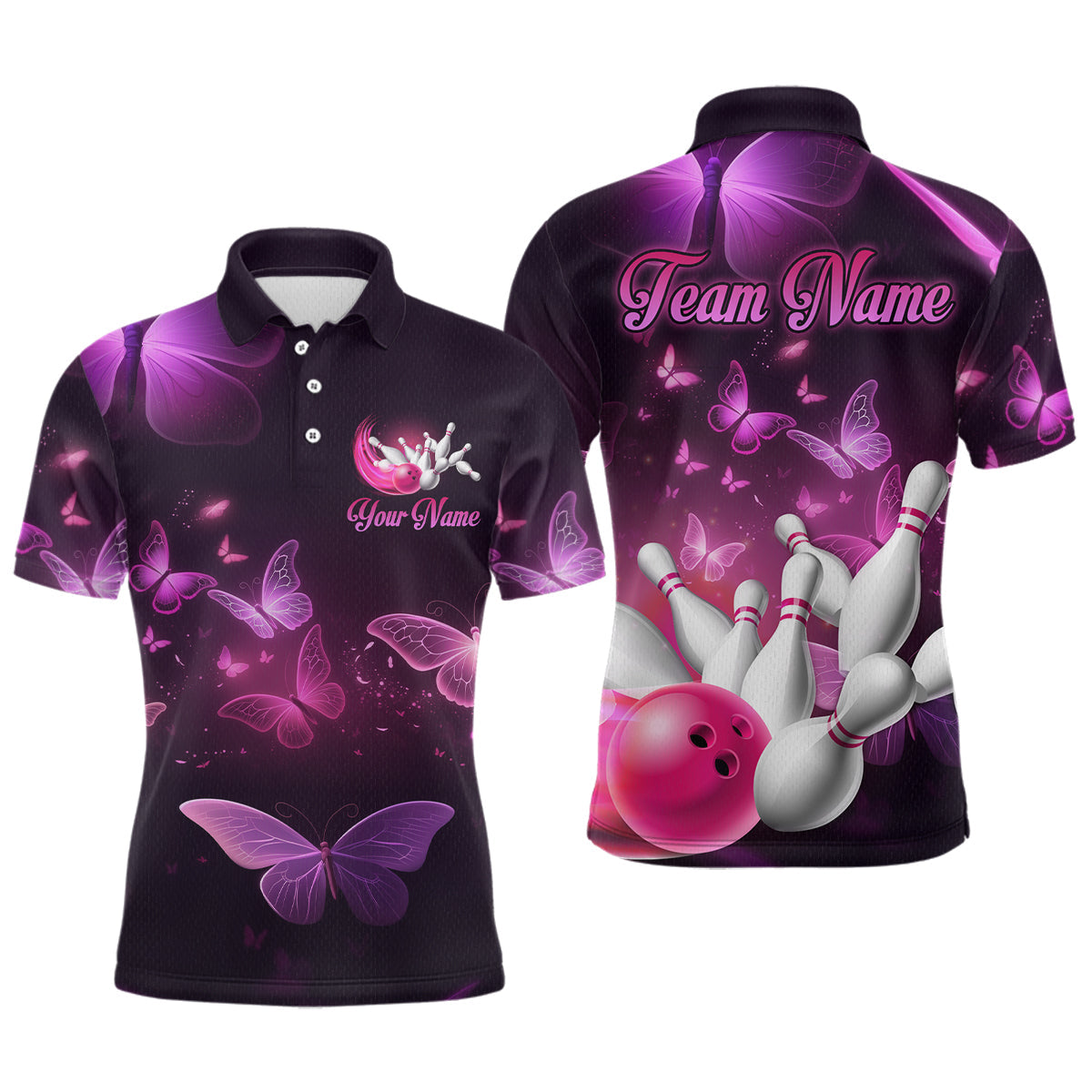 Purple Butterflies Bowling Shirts Team Bowling Jerseys Polo and Zip Shirt