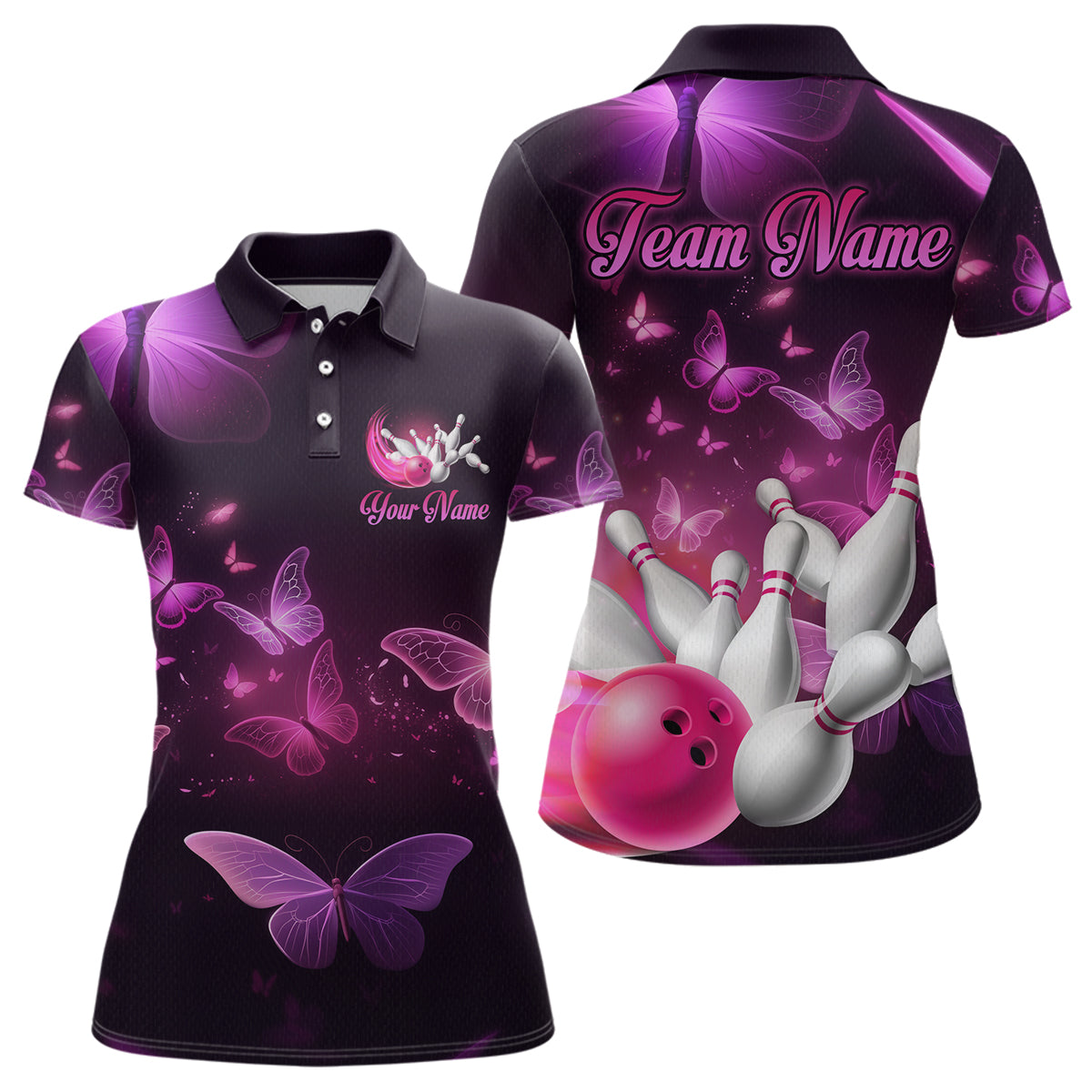 Purple Butterflies Bowling Shirts Team Bowling Jerseys Polo and Zip Shirt