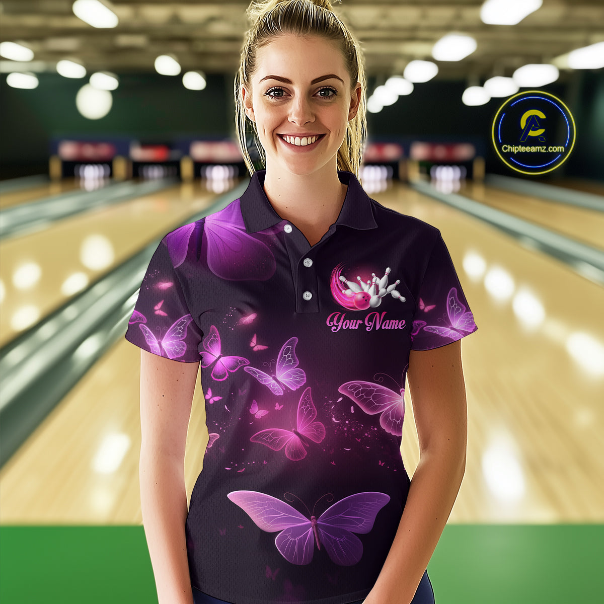 Purple Butterflies Bowling Shirts Team Bowling Jerseys Polo and Zip Shirt