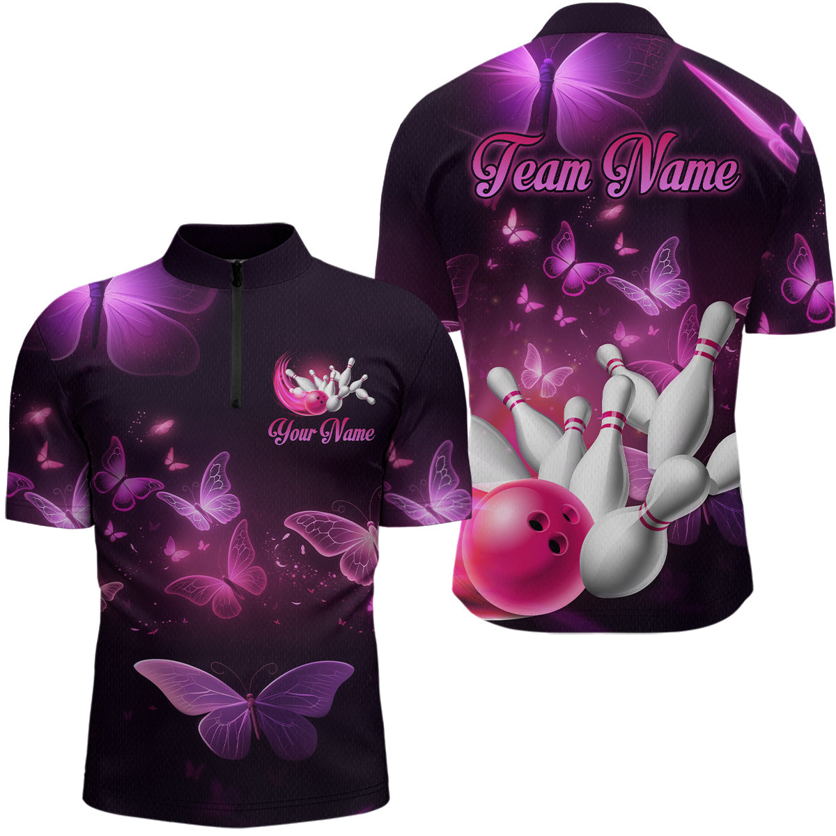 Purple Butterflies Bowling Shirts Team Bowling Jerseys Polo and Zip Shirt