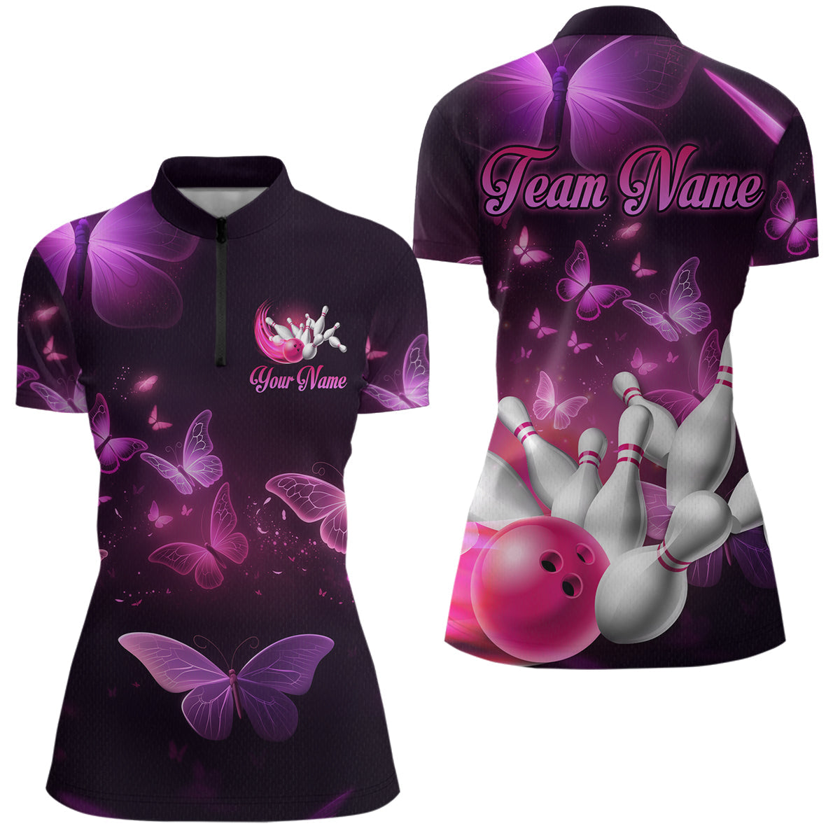 Purple Butterflies Bowling Shirts Team Bowling Jerseys Polo and Zip Shirt