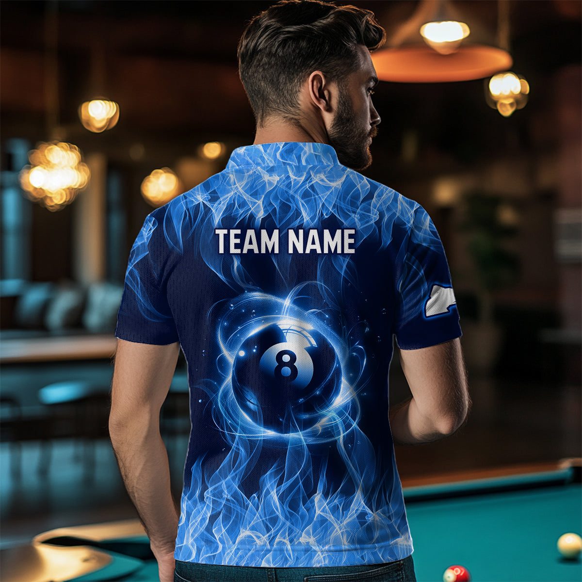 Blue Flaming 8 Ball Pool Shirts Billiard Shirts Billiard Team Jerseys Polo & 1/4 Zip