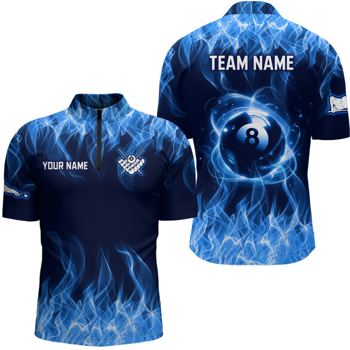 Blue Flaming 8 Ball Pool Shirts Billiard Shirts Billiard Team Jerseys Polo & 1/4 Zip