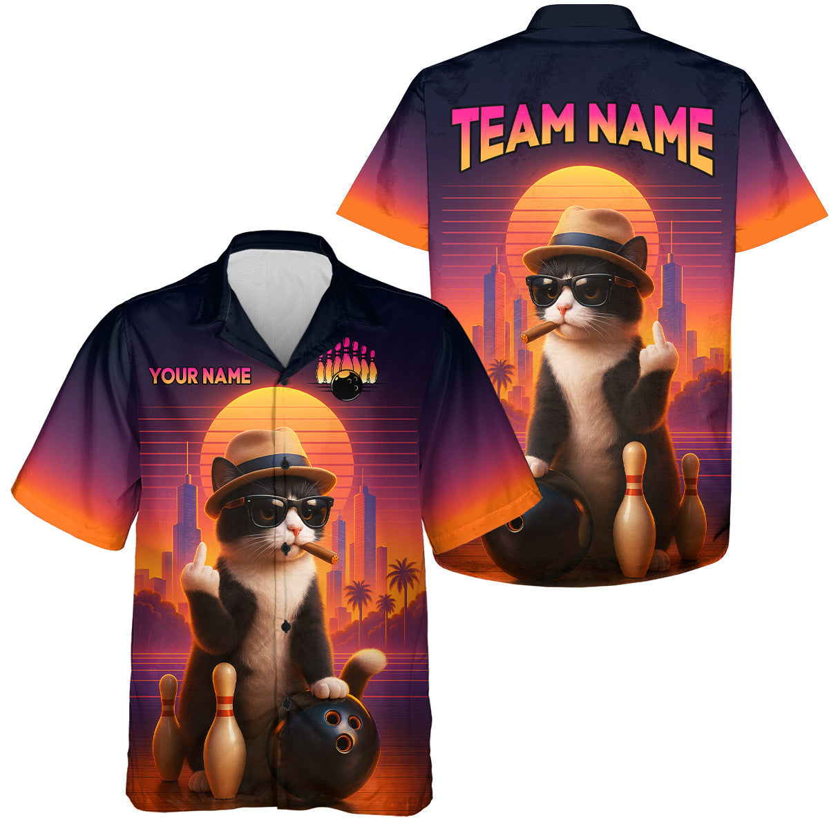 Custom Funny Cat Hawaiian Bowling Jersey Bowling Uniform Bowling Team Shirts