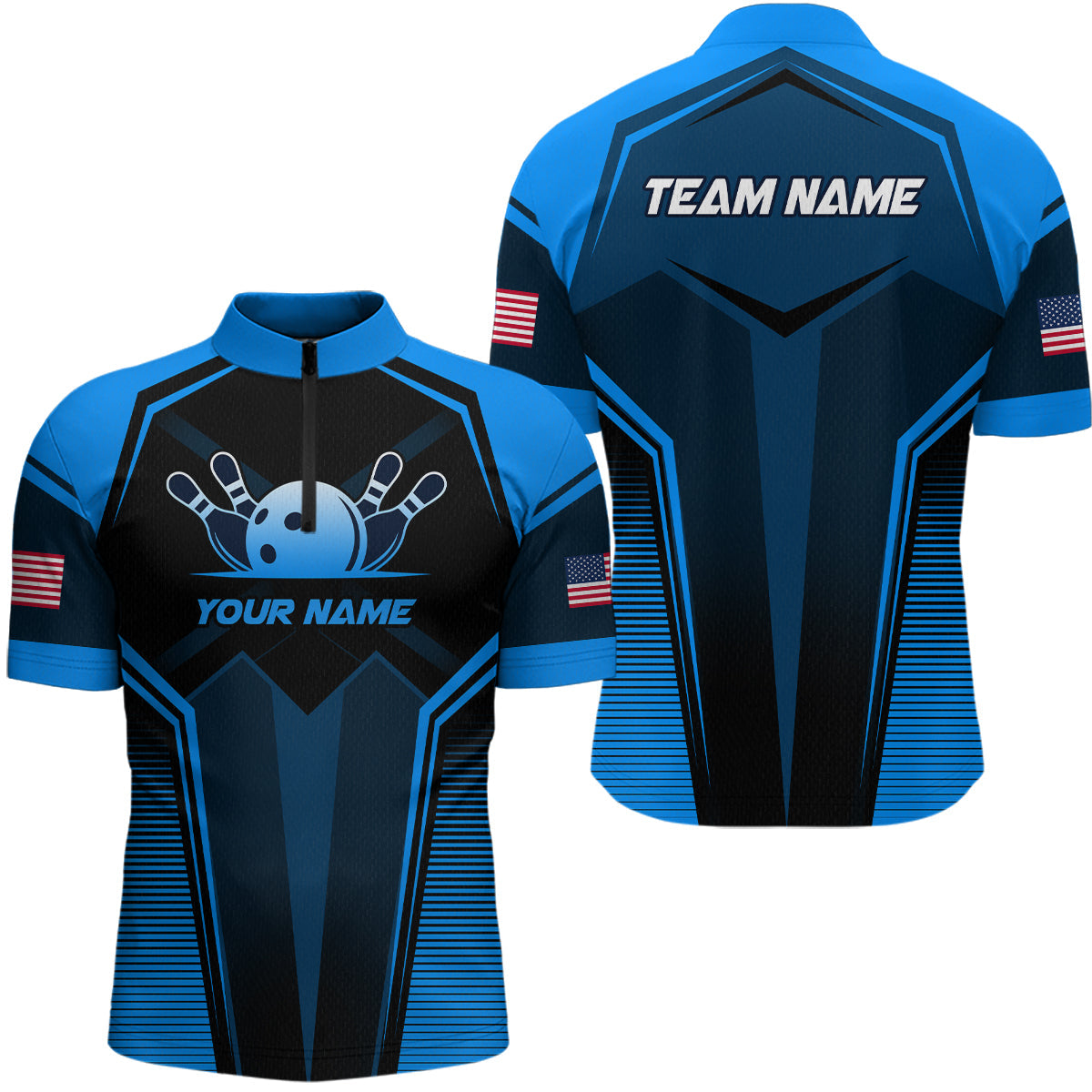 Custom Blue Bowling Jersey Bowling Team Shirts Bowling Uniform Polo & 1/4 Zip
