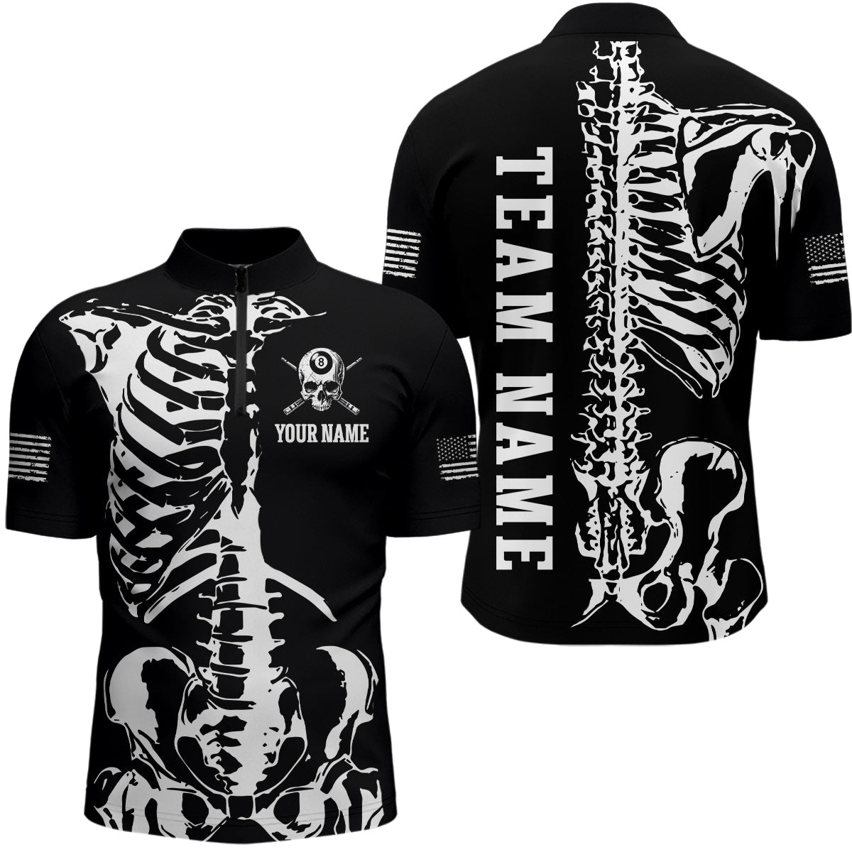 Custom Skull Bone 8 Ball Billiard Shirts Billiard Team Jerseys Polo & 1/4 Zip Shirts