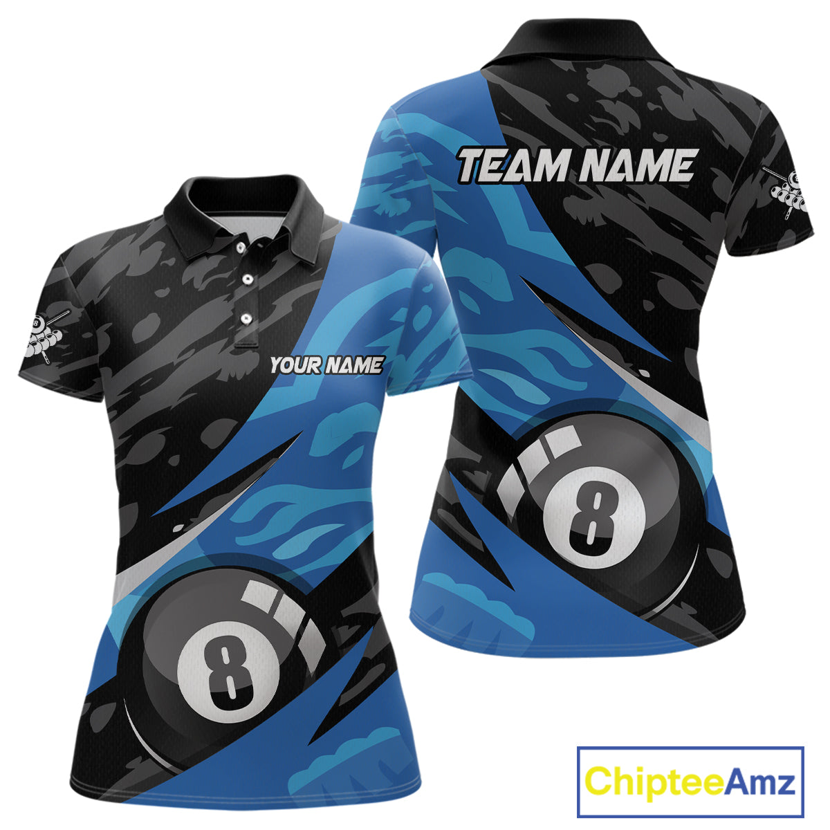 Blue Camo 8 Ball Billiard Shirts Billiard Team Shirts Billiard Uniform Polo & 1/4 Zip
