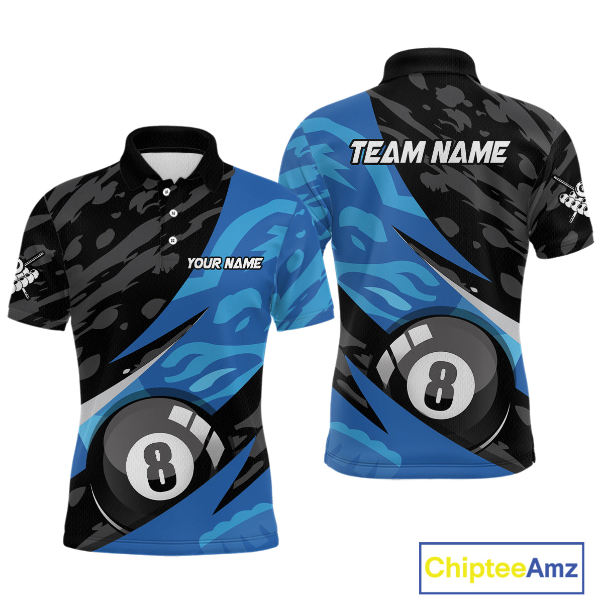 Blue Camo 8 Ball Billiard Shirts Billiard Team Shirts Billiard Uniform Polo & 1/4 Zip