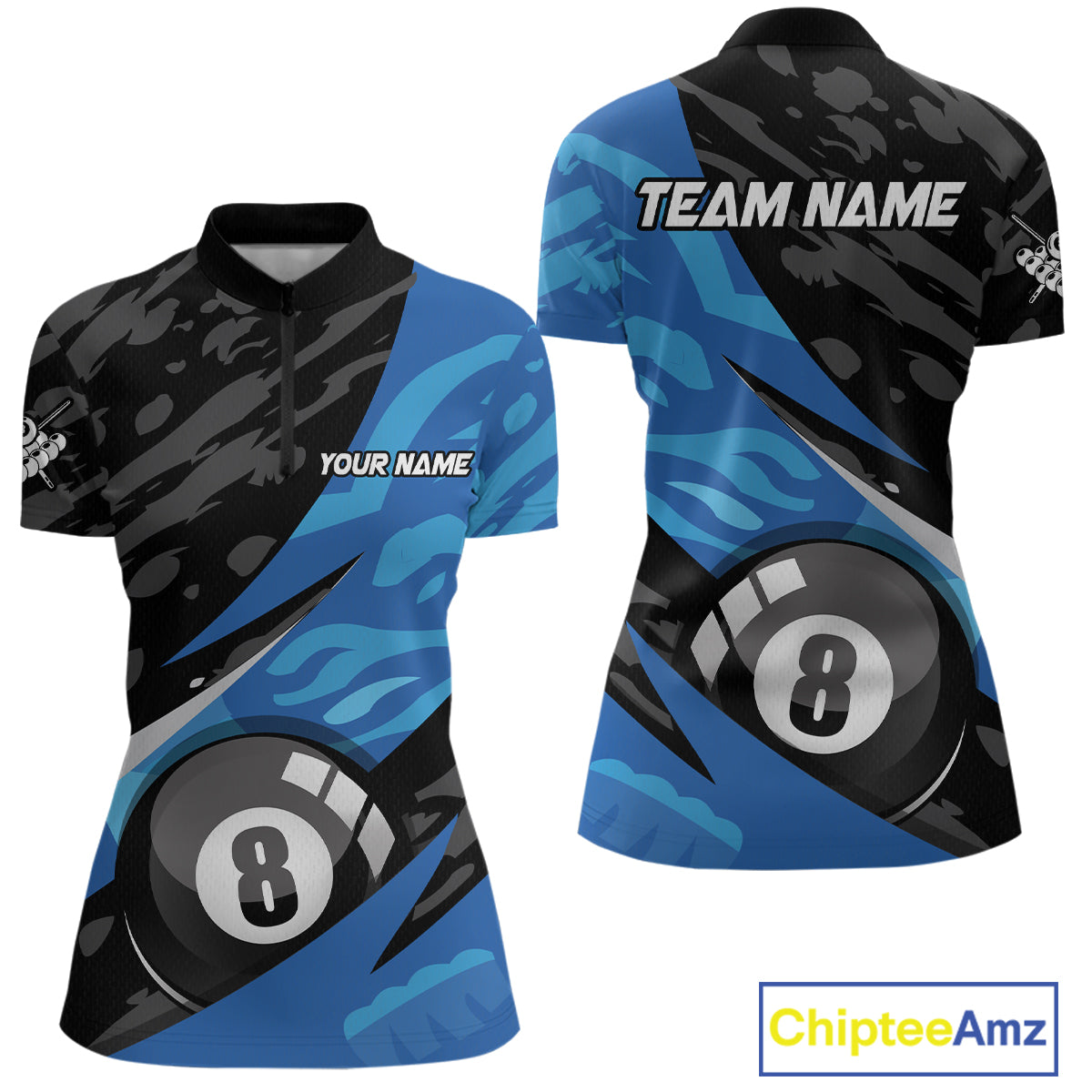 Blue Camo 8 Ball Billiard Shirts Billiard Team Shirts Billiard Uniform Polo & 1/4 Zip