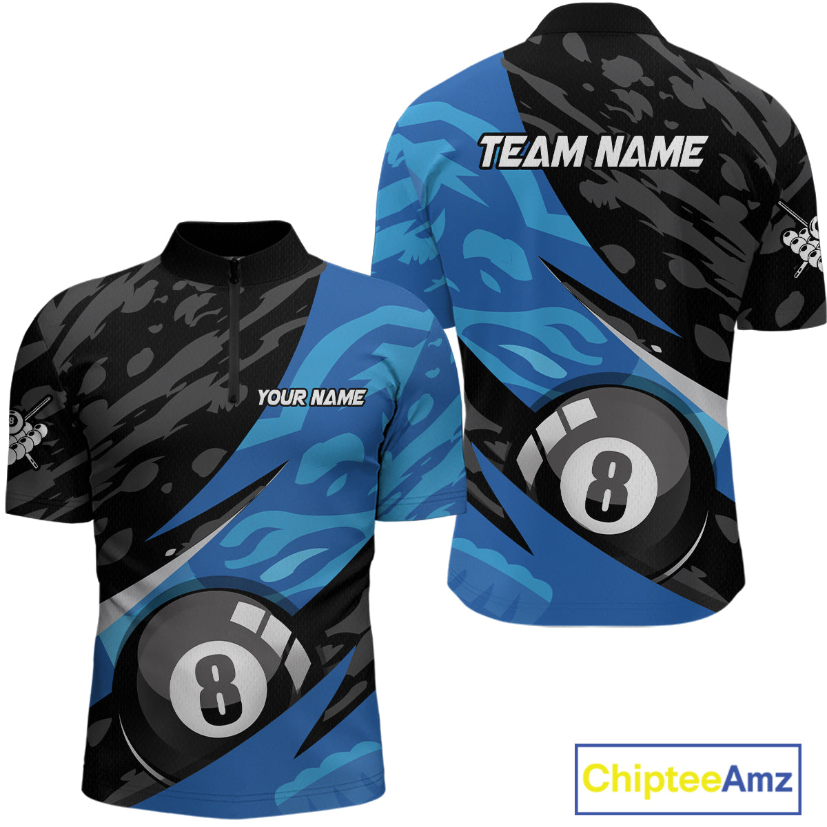 Blue Camo 8 Ball Billiard Shirts Billiard Team Shirts Billiard Uniform Polo & 1/4 Zip