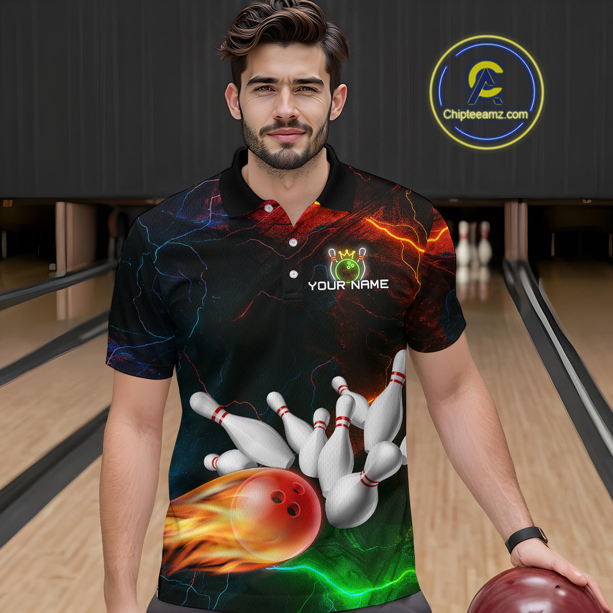 Custom Colorful Lightning Bowling Jersey Bowling Uniform Polo & 1/4 Zip Bowling Team Shirts