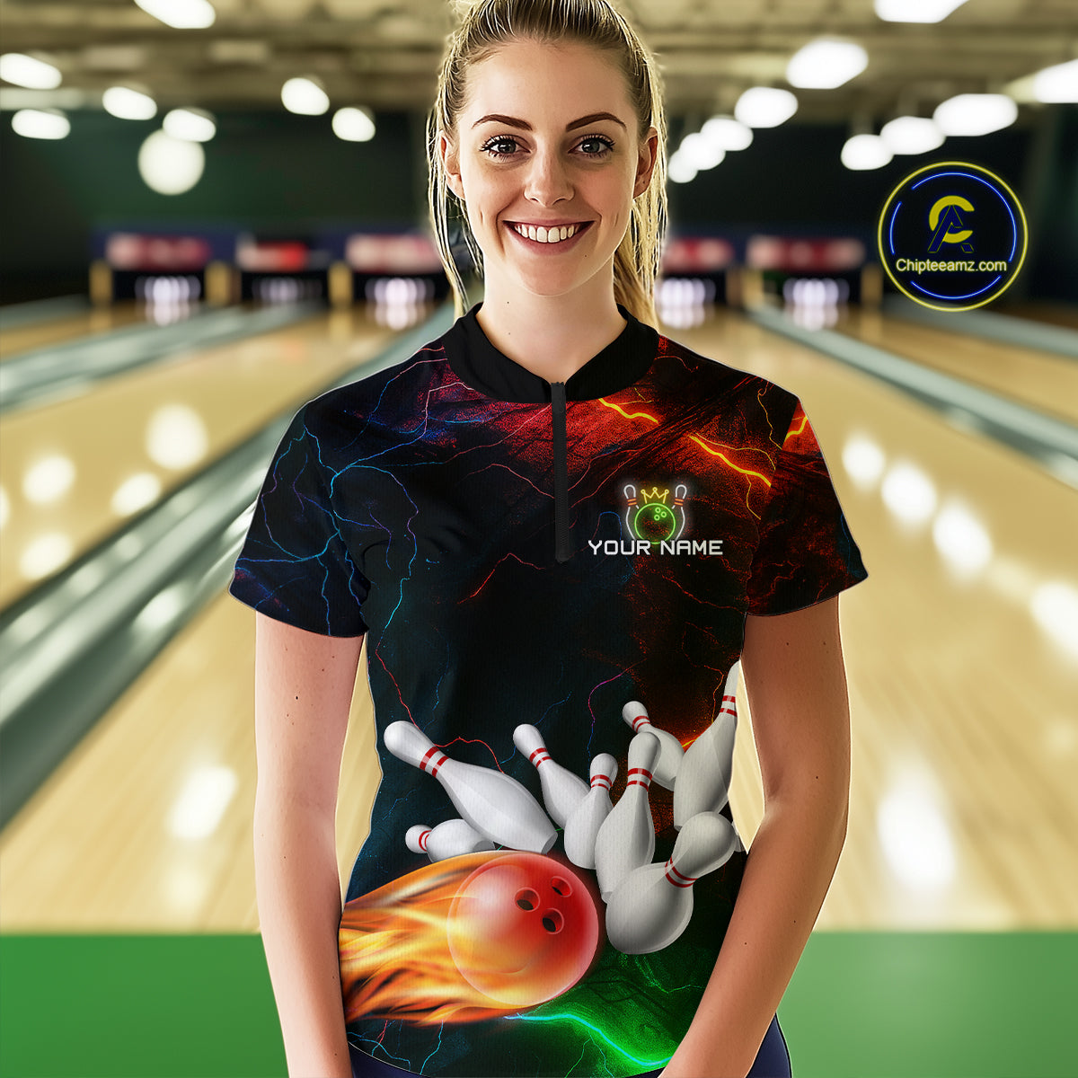Custom Colorful Lightning Bowling Jersey Bowling Uniform Polo & 1/4 Zip Bowling Team Shirts