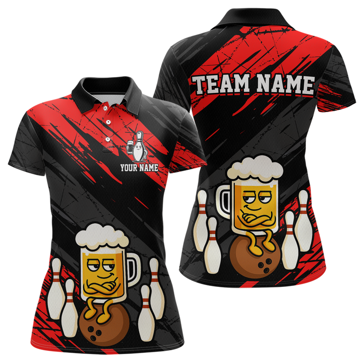 Custom Red Funny Beer Bowling Jersey Bowling Uniform Polo & 1/4 Zip Bowling Team Shirts