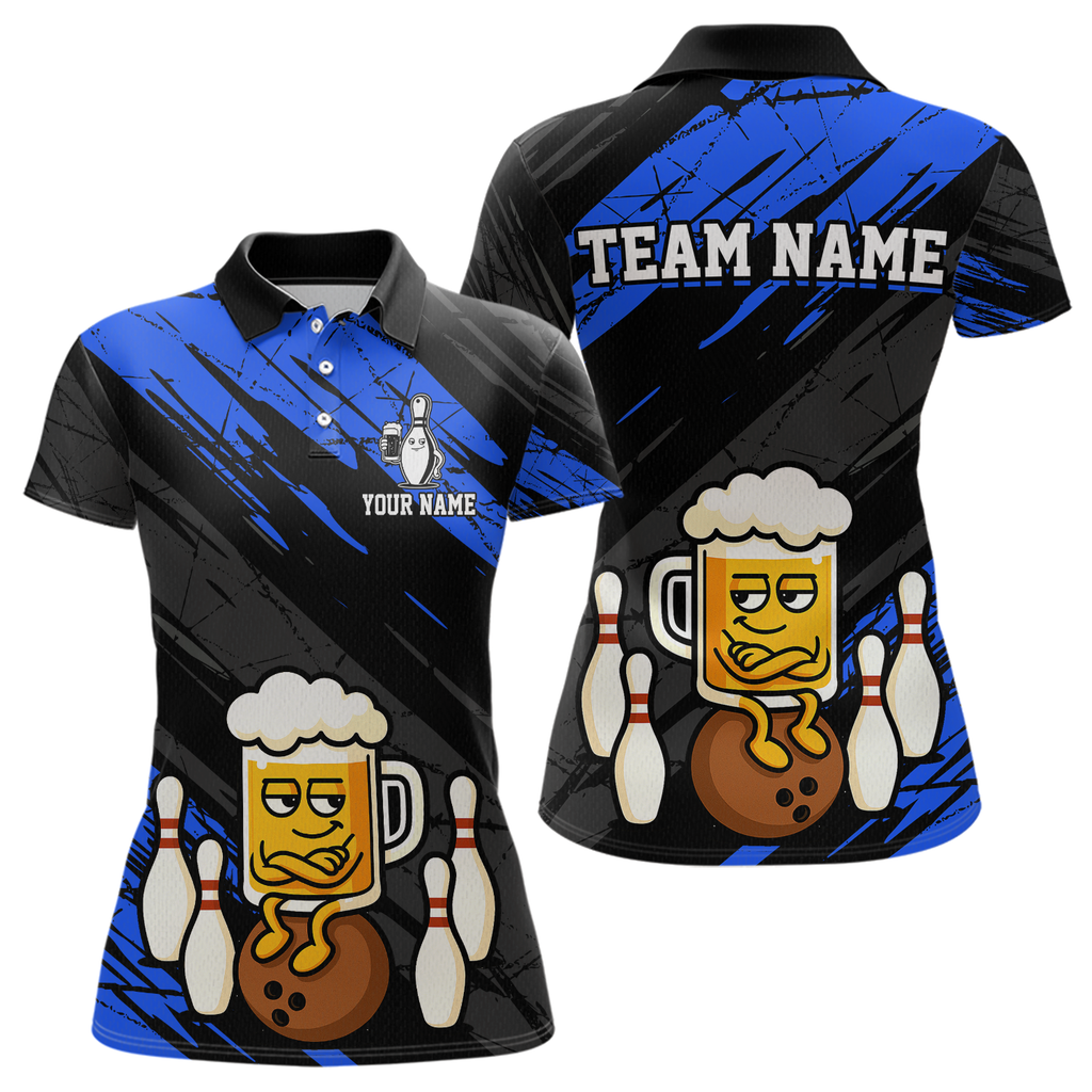 Custom Blue Funny Beer Bowling Jersey Bowling Uniform Polo & 1/4 Zip Bowling Team Shirts