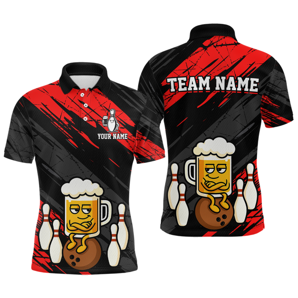 Custom Red Funny Beer Bowling Jersey Bowling Uniform Polo & 1/4 Zip Bowling Team Shirts