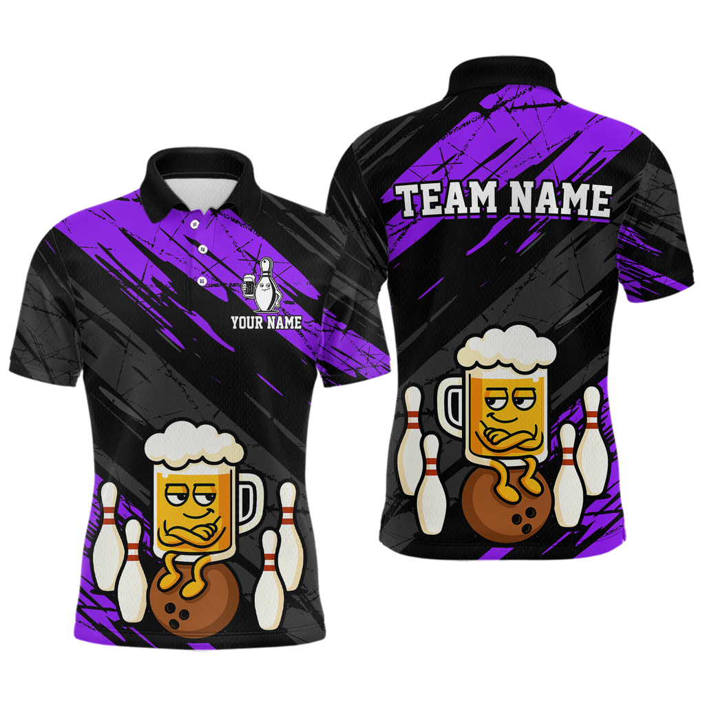 Custom Purple Funny Beer Bowling Jersey Bowling Uniform Polo & 1/4 Zip Bowling Team Shirts