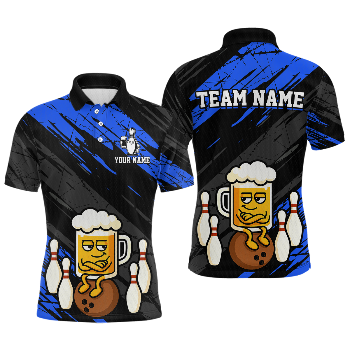 Custom Blue Funny Beer Bowling Jersey Bowling Uniform Polo & 1/4 Zip Bowling Team Shirts