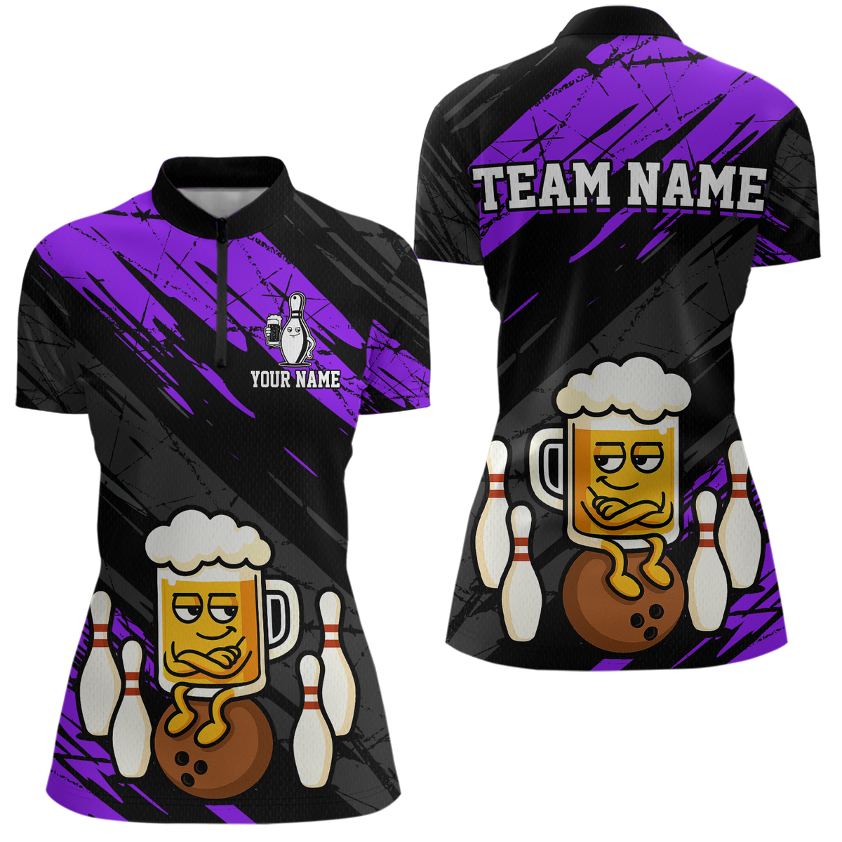 Custom Purple Funny Beer Bowling Jersey Bowling Uniform Polo & 1/4 Zip Bowling Team Shirts