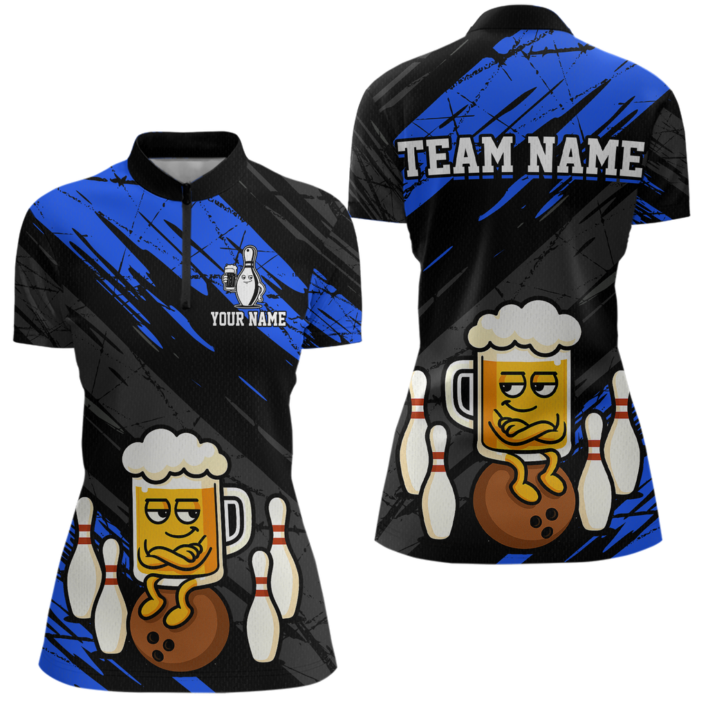 Custom Blue Funny Beer Bowling Jersey Bowling Uniform Polo & 1/4 Zip Bowling Team Shirts
