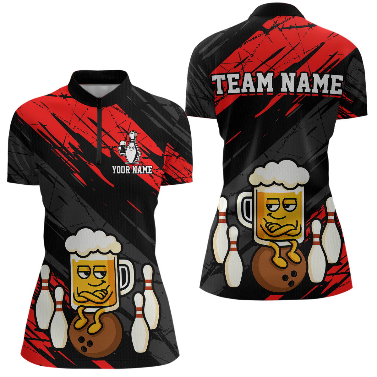 Custom Red Funny Beer Bowling Jersey Bowling Uniform Polo & 1/4 Zip Bowling Team Shirts