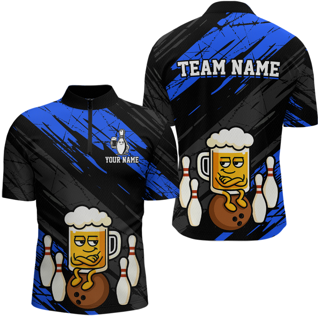 Custom Blue Funny Beer Bowling Jersey Bowling Uniform Polo & 1/4 Zip Bowling Team Shirts