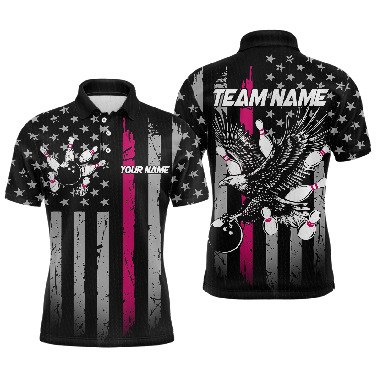 Custom Pink US Flag Eagle Bowling Jersey Bowling Team Shirts Polo & 1/4 Zip