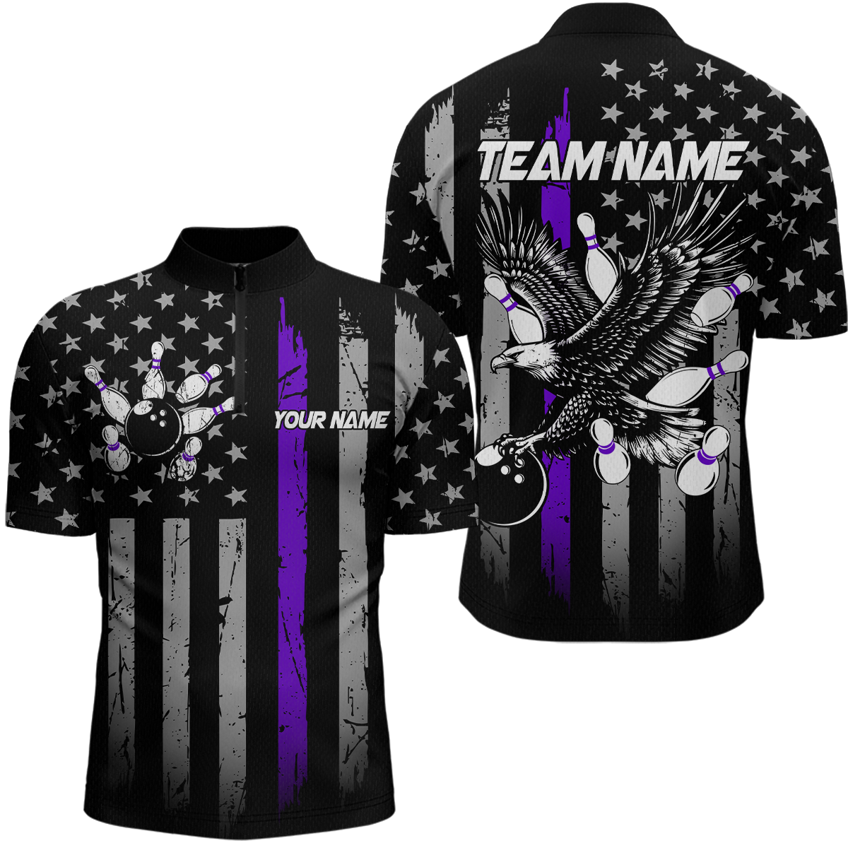 Custom Purple US Flag Eagle Bowling Jersey Bowling Team Shirts Polo & 1/4 Zip
