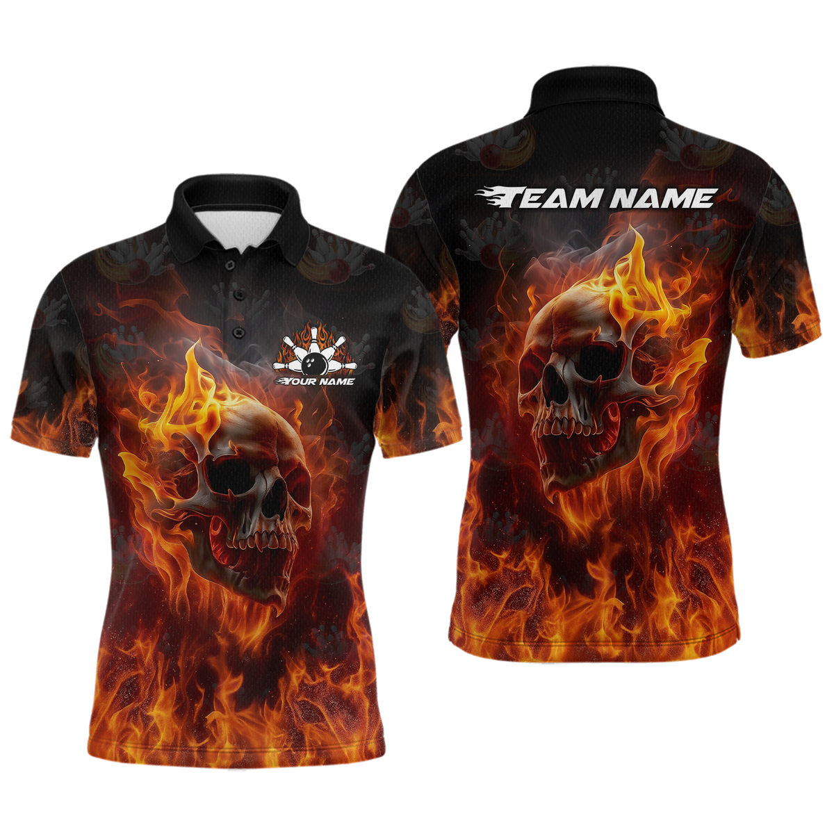 Custom Flame Skull Bowling Jersey Bowling Uniform Polo & 1/4 Zip Bowling Team Shirts