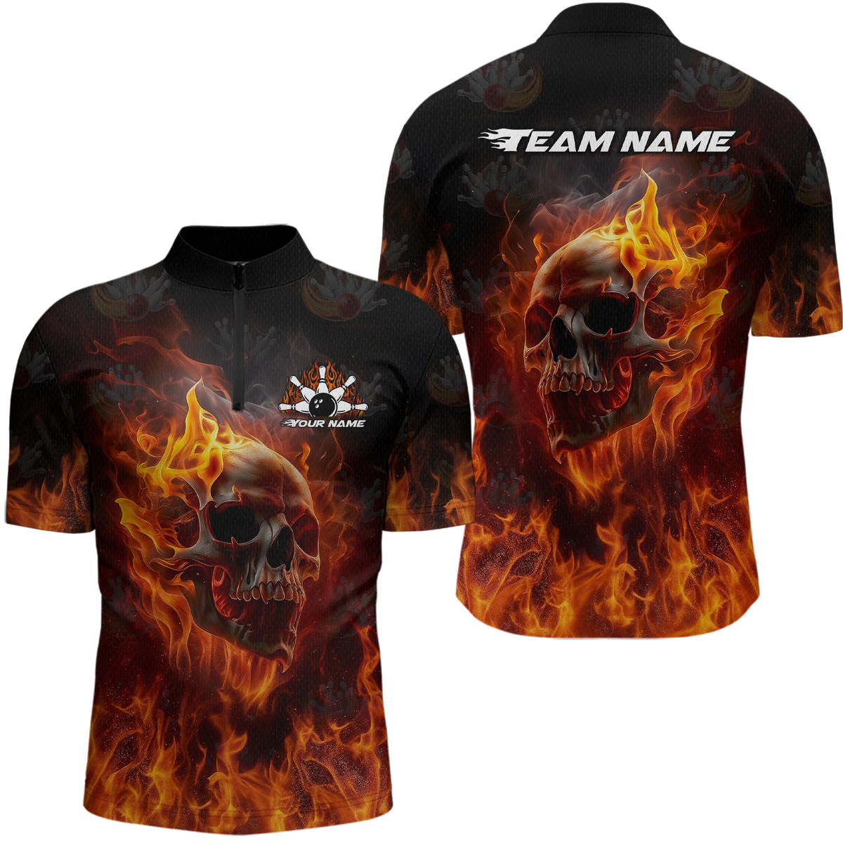 Custom Flame Skull Bowling Jersey Bowling Uniform Polo & 1/4 Zip Bowling Team Shirts