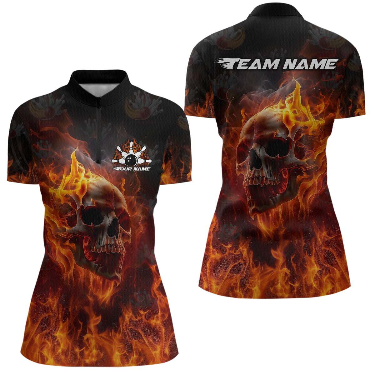 Custom Flame Skull Bowling Jersey Bowling Uniform Polo & 1/4 Zip Bowling Team Shirts