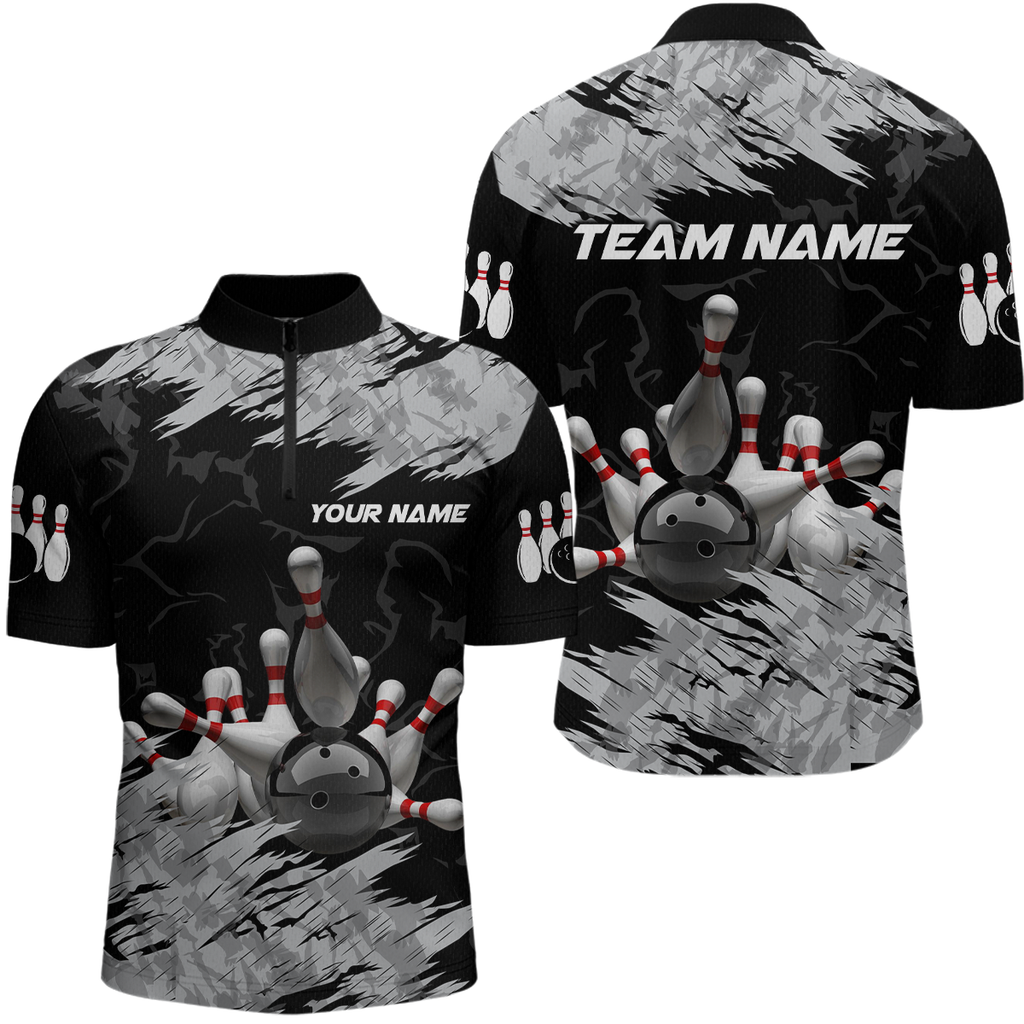 Black Grey Bowling Shirts Custom Bowling Team Jerseys with Name Polo & 1/4 Zip
