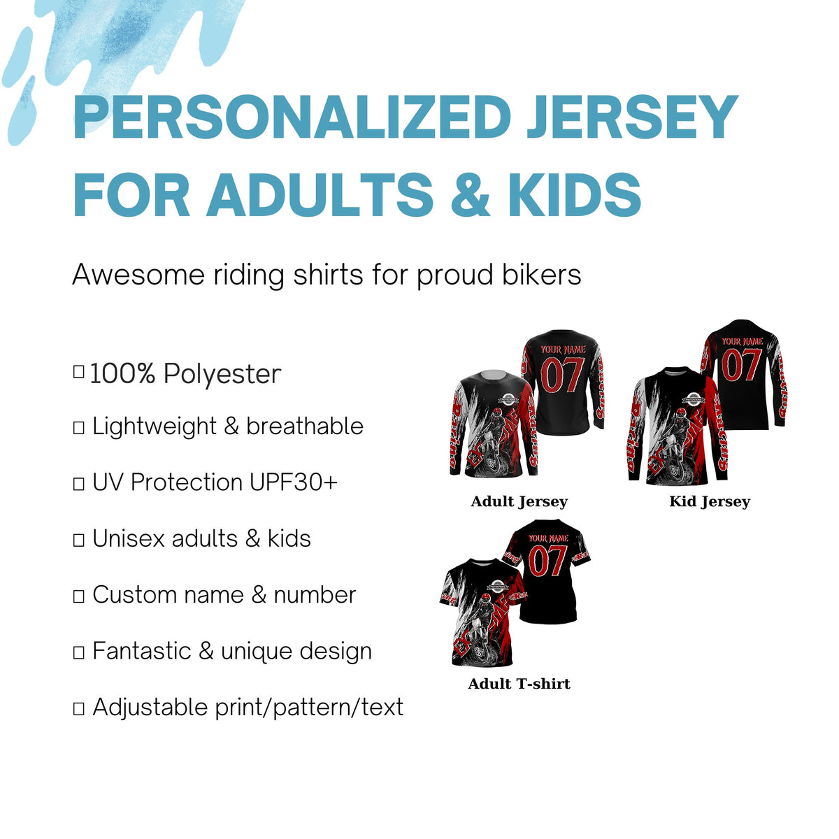 Motocross off-road jersey black red + adult custom dirt bike racing long sleeve shirt