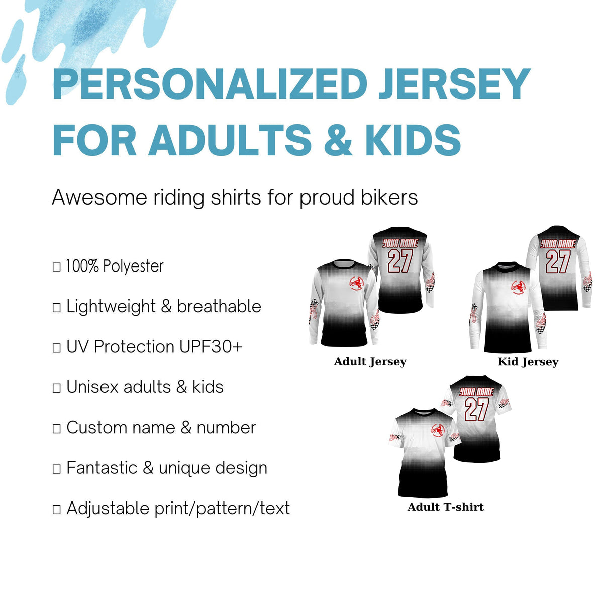 Black white custom number&name motocross jersey adult UV MX dirt bike motorcycle off-road shirt
