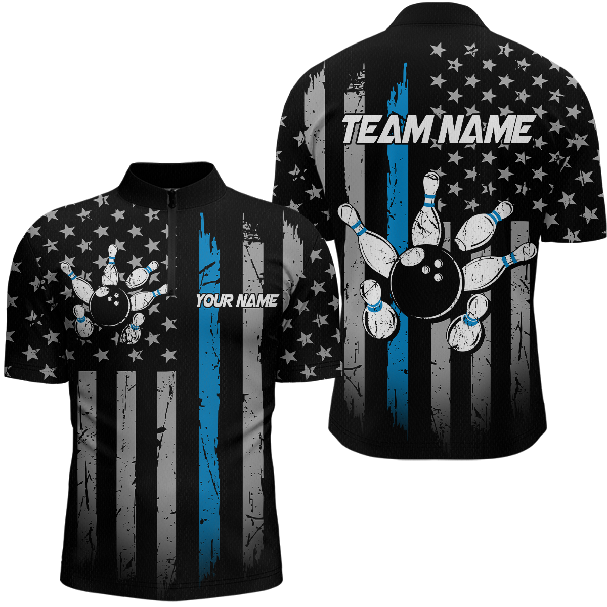 US Blue Flag Bowling Shirt Custom Name Polo & Quarter-Zip Bowling Jersey Bowling Team Shirt