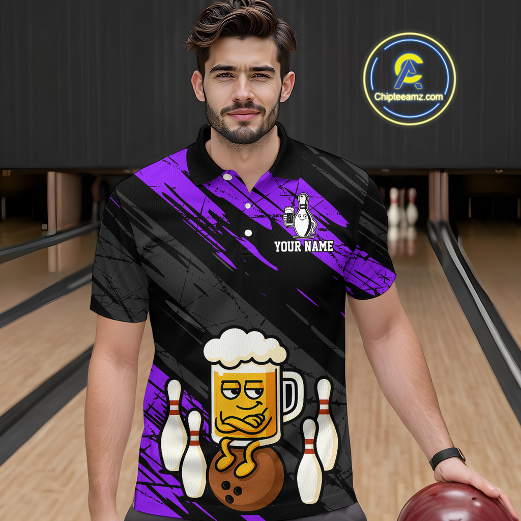 Custom Purple Funny Beer Bowling Jersey Bowling Uniform Polo & 1/4 Zip Bowling Team Shirts