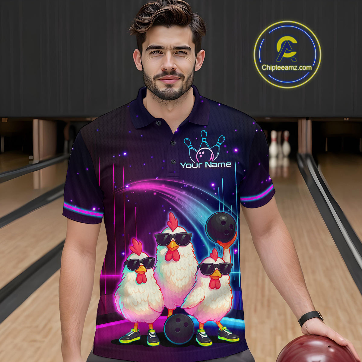 Neon Funny Family of Three Chicken Bowling Team Shirt Bowling League Jersey