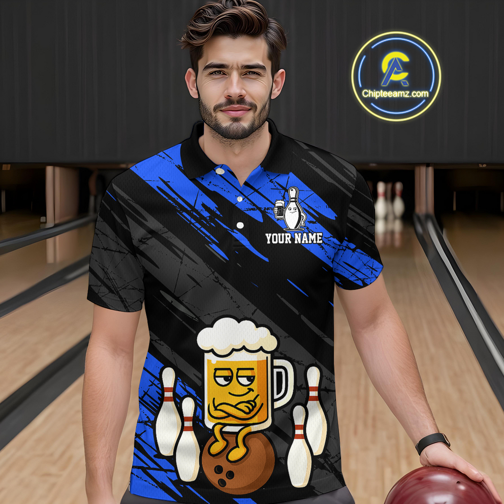 Custom Blue Funny Beer Bowling Jersey Bowling Uniform Polo & 1/4 Zip Bowling Team Shirts